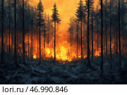 A forest fire raging in a dense coniferous forest. Tall, slender trees with dark, charred trunks frame the blazing fire, which brightly illuminates the scene. The flames quickly engulf the forest, rising upward and leaving a trail of smoldering embers in their wake. The horizon is bathed in orange-red light, creating a dramatic and unsettling atmosphere. The painting is made in the style of digital painting, where the contrast of dark trees and bright fire emphasizes the destructive power of the elements. The overall tone of the scene is apocalyptic, conveying a sense of anxiety and the inevitable destruction of nature. Стоковое AI-изображение, AI-художник Анна Кривицкая / Фотобанк Лори