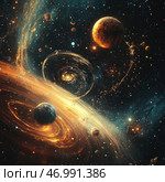 A fantastic space landscape with many planets, galaxies and spiral vortices of energy. In the center of the composition are several massive celestial bodies surrounded by luminous rings and golden streams of cosmic matter. The space is filled with stars, shining nebulae and mysterious energy vortices that create the effect of movement. The painting is made in bright contrasting shades - warm gold and orange tones intertwine with deep blue and black colors. The image conveys the grandeur and infinity of the Universe. Стоковое AI-изображение, AI-художник Анна Кривицкая / Фотобанк Лори