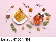 Композиция с вкусным медом, медовым сотом, медовым погремушкой и высушенными цветами одуванчика на фиолетовом фоне. Стоковое фото, фотограф Pixel_shot / Фотобанк Лори