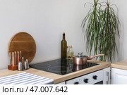 Столешница на кухне с разделочной доской, электрической плитой, кастрюлей для приготовления пищи и приправами. Стоковое фото, фотограф Pixel_shot / Фотобанк Лори