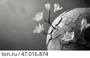 Flourishing flowers emerge from cracked earth symbolizing hope and resilience in a monochromatic setting. Стоковое AI-изображение, AI-художник Сергей Толмачёв / Фотобанк Лори