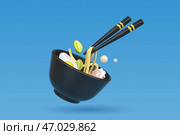 Рамен. Используются две китайские палочки для поедания лапши из глубокой чашки. Концепция приготовления. Иллюстрация для книги рецептов. 3D-рендеринг. Мультяшный минималистичный стиль. Стоковая иллюстрация, иллюстратор Юлия Мелешина / Фотобанк Лори