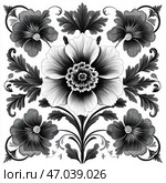 An exquisite black and white design with large flowers and decorative leaves. The center of the composition is a large flower with detailed petals and complex texture. Around it are four symmetrically arranged smaller flowers, surrounded by sinuous leaves and curls. The work is executed in a graphic style with smooth lines and subtle gradients, creating an elegant and harmonious pattern reminiscent of traditional folk paintings or the Baroque style. Стоковое AI-изображение, AI-художник Анна Кривицкая / Фотобанк Лори