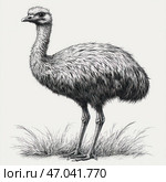 A black and white engraving of an ostrich or emu. The bird stands against a background of grass, its body covered in long, fluffy feathers that convey the texture of the plumage. Long, slender legs with powerful claws emphasize strength and stability. The head is small, with a large eye and a slightly elongated beak, creating a thoughtful or wary look. The image is made in a graphic technique with thin, clear lines, reminiscent of old illustrations from scientific books about nature. Стоковое AI-изображение, AI-художник Анна Кривицкая / Фотобанк Лори