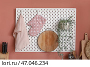 Белая фанерная доска с деревянной разделочной доской, комнатное растение, варежка и полотенце висят на розовой стене. Стоковое фото, фотограф Pixel_shot / Фотобанк Лори
