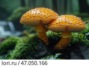 Two brightly colored mushrooms, similar to fly agarics, growing on a mossy surface in a forest. Their caps have a rich orange-yellow hue and are covered with characteristic white growths, which gives them a fairytale look. The mushroom stems are massive, with textured rings and small scales.The background is blurred, but the outlines of a dense forest and a stream are guessed, which creates an atmosphere of a mysterious and magical corner of nature. The lighting is soft, emphasizing the textures of the mushrooms and the surrounding moss.The image resembles a frame from a fairy tale or a fantasy world, where mushrooms play the role of magical objects. Стоковое AI-изображение, AI-художник Анна Кривицкая / Фотобанк Лори