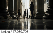 A scene in an urban architectural setting, perhaps a courthouse, bank, or government building. Majestic columns form a symmetrical space, creating depth and perspective. In the foreground, light is reflected on a smooth marble floor, with small leaves or petals scattered among the floor. People dressed in business attire are depicted as silhouettes, engaged in conversation or movement. The atmosphere of the image is formal, solemn, with elements of cinematic drama. Стоковое AI-изображение, AI-художник Анна Кривицкая / Фотобанк Лори