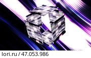 Bright glowing cube is decomposed into pieces and assembled in cyberspace. Стоковая иллюстрация, иллюстратор David Kashakhi / Фотобанк Лори