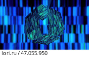 Striped neon cubic shapes falling apart on shimmering background. Стоковая иллюстрация, иллюстратор David Kashakhi / Фотобанк Лори