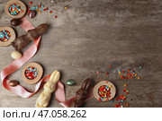 Красивая пасхальная композиция с шоколадными кроликами и брызгает на деревянном фоне. Стоковое фото, фотограф Pixel_shot / Фотобанк Лори