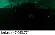 Design.A big dark car moving fast on a dark road in animation. Стоковая иллюстрация, иллюстратор David Kashakhi / Фотобанк Лори