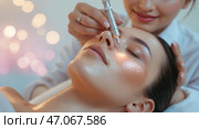 Beauty treatment in a serene spa setting with client receiving skin revitalization at a wellness center. Стоковое AI-изображение, AI-художник Сергей Толмачёв / Фотобанк Лори