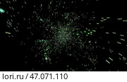 Motion.Green flying particles in cartoon animation that create space revolving around. Стоковая иллюстрация, иллюстратор David Kashakhi / Фотобанк Лори