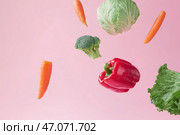 Various colorful vegetables falling at pale pink background. Flying veggie on a plain pastel color backdrop. Healthy food. Detox and dieting concept. Fresh carrot, pepper, broccoli, tomato levitating. Стоковое AI-изображение, AI-художник Марина Демидюк / Фотобанк Лори