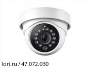 A white security camera is positioned to monitor surroundings effectively. Белая камера безопасности на белом фоне, чтобы эффективно наблюдать за окружающей обстановкой. Оснащенная инфракрасной подсветкой, она обеспечивает четкую съемку даже при слабом освещении. Это устройство обеспечивает безопасность в различных условиях. Стоковое AI-изображение, AI-художник Katsiaryna Repich / Фотобанк Лори