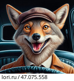 Койот в кепке за рулем авто. Coyote in a cap driving a car. Стоковое AI-изображение, AI-художник Igor Murashko / Фотобанк Лори