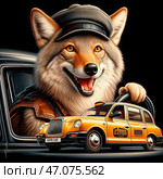 Койот в кепке за рулем авто. Coyote in a cap driving a car. Стоковое AI-изображение, AI-художник Igor Murashko / Фотобанк Лори