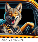 Водитель такси койот в кепке в желтой машине такси на черном фоне. Coyote taxi driver in a cap in a yellow taxi king on a black background. Стоковое AI-изображение, AI-художник Igor Murashko / Фотобанк Лори