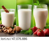 The photo shows three glasses of milk, each decorated with different additives. Стоковое AI-изображение, AI-художник Наталья Синцова / Фотобанк Лори