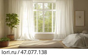 Soft white curtains swaying gently in a bright and airy room setup. Мягкие белые шторы плавно колышутся в светлой и просторной комнате. Стоковое AI-изображение, AI-художник Katsiaryna Repich / Фотобанк Лори