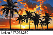 Golden hues embrace the horizon as the sun dips below the sea, casting warm light on palm trees. The sky transforms into a canvas of fiery oranges, deep reds, and soft purples Generative AI. Стоковое AI-изображение, AI-художник Юлия Петровская / Фотобанк Лори