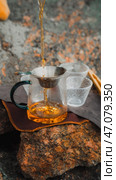 Brewing Artisan Tea in the Embrace of Nature Enhances Every Sip with Flavor and Peaceful Moments. Стоковое фото, фотограф David Kashakhi / Фотобанк Лори