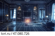 Elements of a real interior and a digital drawing, creating a spectacular futuristic visualization. In the center of the composition is a classic living room with a fireplace, built-in bookcases, soft armchairs and a sofa. However, part of the interior is presented in the form of a neon 3D drawing, reminiscent of computer graphics or project visualization. The blue contours of the furniture and architectural details look like a digital model, emphasizing the combination of traditional design and modern technology. The atmosphere is complemented by the warm light of the fireplace, creating a cozy feeling in contrast to the cold blue tones. Стоковое AI-изображение, AI-художник Анна Кривицкая / Фотобанк Лори
