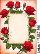 Vibrant red roses elegantly surround a blank space, creating a beautiful backdrop perfect for expressing love, gratitude, or special messages. Ideal for cards and invitations Generative AI. Стоковое AI-изображение, AI-художник Юлия Петровская / Фотобанк Лори