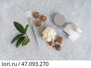 Банки с ши-маслом, орехами и кистью на фоне в стиле гранж. Стоковое фото, фотограф Pixel_shot / Фотобанк Лори