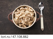Супница с вкусной овсянкой на сером фоне. Стоковое фото, фотограф Pixel_shot / Фотобанк Лори