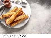 Стенд с вкусными вафельными трубочками и банкой вареного сгущенного молока на сером гранж-фоне. Стоковое фото, фотограф Pixel_shot / Фотобанк Лори