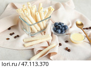 Миски с вкусными вафельными трубочками, черникой и сгущенным молоком на белом гранж-фоне. Стоковое фото, фотограф Pixel_shot / Фотобанк Лори