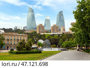 Picturesque view of the Flame Towers. Flame Towers are new skyscrapers in Baku. Azerbaijan (2024 год). Стоковое фото, фотограф Евгений Ткачёв / Фотобанк Лори