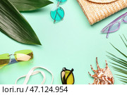 Рамка из солнцезащитных очков, листьев пальмы, сумок и морской ракушки на мятном фоне. Стоковое фото, фотограф Pixel_shot / Фотобанк Лори