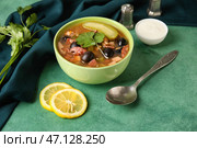 Миска вкусного супа Ходжподж на гранжевом фоне. Стоковое фото, фотограф Pixel_shot / Фотобанк Лори