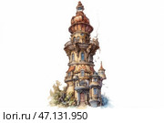 A fabulous fantasy house, made in the style of a detailed architectural watercolor illustration. The house resembles a tall, slightly curved tower with many balconies, arches, carved elements and fancy windows. The roof is domed, decorated with small details, and small turrets on the sides add even more magic. The warm color palette - ochre, gold and brick shades - creates a feeling of coziness. The house seems to belong to a wizard or alchemist, which is emphasized by its unusual shape and mysterious elements. Стоковое AI-изображение, AI-художник Анна Кривицкая / Фотобанк Лори