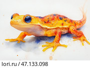 A colorful watercolor illustration of a bright newt or salamander. The animal is done in rich orange and yellow shades with blue spots, its large glossy eyes add expressiveness. Subtle details and smooth transitions of colors create an effect of lightness and naturalness, and splashes of paint around add liveliness to the whole composition. The background is minimalist, which focuses attention on the amphibian itself. Стоковое AI-изображение, AI-художник Анна Кривицкая / Фотобанк Лори