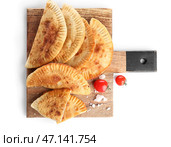 Доска с вкусными чебуреками, помидорами и морской солью на белом фоне. Стоковое фото, фотограф Pixel_shot / Фотобанк Лори