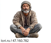 На земле сидит мужчина с бородой и в шляпе. Белый фон. Стоковое AI-изображение, AI-художник Ярославский Максим / Фотобанк Лори
