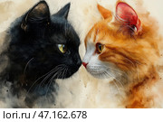 Two cats, one black and one ginger, stare into each other's eyes. Their faces are almost touching, creating an atmosphere of a tense moment, full of curiosity, rivalry or, on the contrary, a deep connection. The background is done in the style of a watercolor painting, with soft washed out shades of black, beige and orange, emphasizing the contrast between the two cats.The eyes of the animals express intelligence and emotion, and the details of the fur are drawn with exceptional realism, conveying the texture of softness and fluffiness. The painting can symbolize opposites, such as light and dark, good and evil, yin and yang, but also unity in differences. Стоковое AI-изображение, AI-художник Анна Кривицкая / Фотобанк Лори