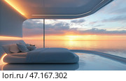 Modern bedroom with stunning ocean view during sunrise offers serenity and tranquility. Стоковое AI-изображение, AI-художник Михаил Коханчиков / Фотобанк Лори
