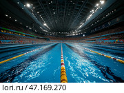 The swimming competition at the Olympics, Swimming pool in sport arena. Соревнования по плаванию на Олимпийских играх, плавательный бассейн на спортивной арене. Стоковое AI-изображение, AI-художник Katsiaryna Repich / Фотобанк Лори