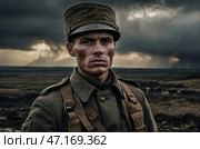 Portrait of a soldier of the 1st World War on the battlefield. Стоковое AI-изображение, AI-художник Александр Поташев / Фотобанк Лори