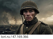 Portrait of a soldier of the 1st World War on the battlefield. Стоковое AI-изображение, AI-художник Александр Поташев / Фотобанк Лори