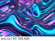 Wavy blue and purple abstract background extreme close-up. 3d renders metallic liquid background. Abstract neon texture. Rainbow 3d holographic foil. Abstract blue and purple illuminated smooth wavy. Стоковое AI-изображение, AI-художник Александр Поташев / Фотобанк Лори