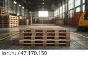 Wooden pallets stacked neatly in a warehouse ready for industrial use. Большой штабель деревянных поддонов организован на просторном складе, подчеркивая их роль в транспортировке и хранении. Внутреннее пространство хорошо освещено благодаря большим окнам. Стоковое AI-изображение, AI-художник Katsiaryna Repich / Фотобанк Лори