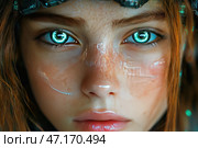 Portrait of a girl with cyberpunk elements. Her bright blue eyes with technological patterns inside the pupils glow, creating the effect of artificial intelligence or augmented reality. The skin is freckled, natural, but there are transparent superimposed graphic elements on the face, reminiscent of an interface or a digital chip. The hair is slightly damp, with a copper tint, and mechanical parts are visible on the head, possibly an element of a cybernetic device. The atmosphere of the image is futuristic, combining realism and digital technology. Стоковое AI-изображение, AI-художник Анна Кривицкая / Фотобанк Лори
