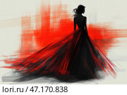 An elegant female figure in a black dress with a flying hem. The figure is made in a silhouette style, emphasizing its sophistication and mystery. The red brushstrokes surrounding the figure add expressiveness, passion and movement to the scene, creating a dramatic effect. The composition is made in a minimalist manner with graphic lines reminiscent of quick pencil strokes or digital illustration. The atmosphere is filled with energy, emotion and high fashion artistic style. Стоковое AI-изображение, AI-художник Анна Кривицкая / Фотобанк Лори