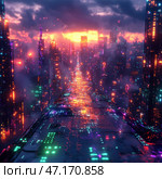 A futuristic metropolis in the cyberpunk style. A view from above of a road endlessly disappearing into the sunset, illuminated by neon lights. City skyscrapers sparkle with multi-colored digital screens, reflecting on the wet surface of the streets. A light fog is visible in the air, creating an effect of mystery and depth. The atmosphere combines technogenic urbanism and a breathtaking sunset, which adds contrast between natural and artificial light. Стоковое AI-изображение, AI-художник Анна Кривицкая / Фотобанк Лори
