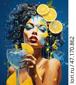 Striking woman with dark wavy hair decorated with lemon slices. Her makeup is done in rich blue and yellow shades, and her scarlet lips add expressiveness to the image. In her hand, she holds a glass with a refreshing drink, decorated with a slice of lemon. The deep blue background emphasizes the energetic composition, and the splashed colors add dynamics and a sense of freedom. Стоковое AI-изображение, AI-художник Анна Кривицкая / Фотобанк Лори